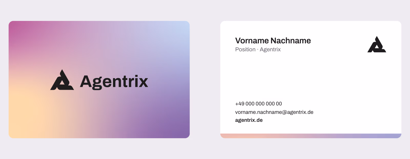 Agentrix business cards, front on the aurora gradient and back in white