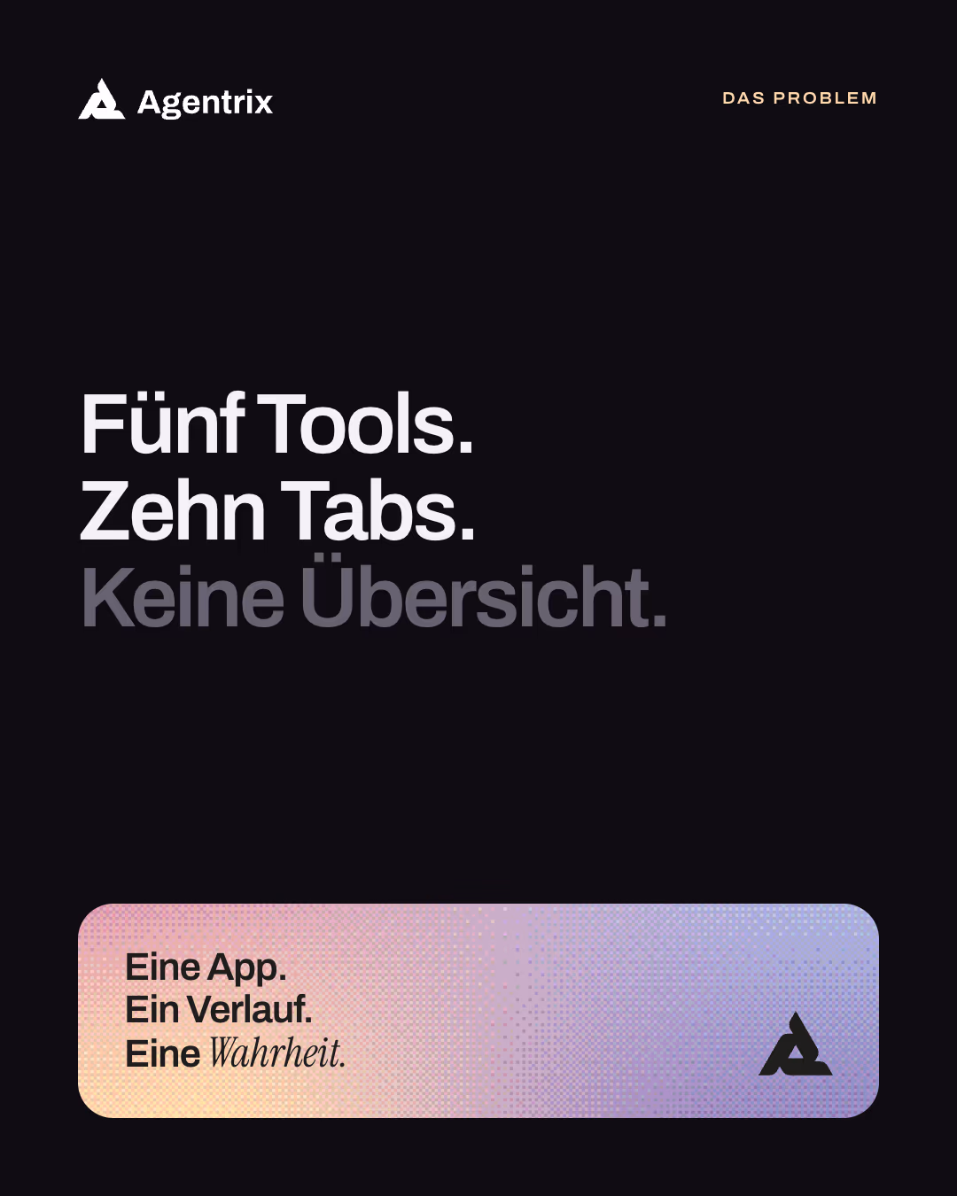 Agentrix social post: “Fünf Tools. Zehn Tabs. Keine Übersicht.”