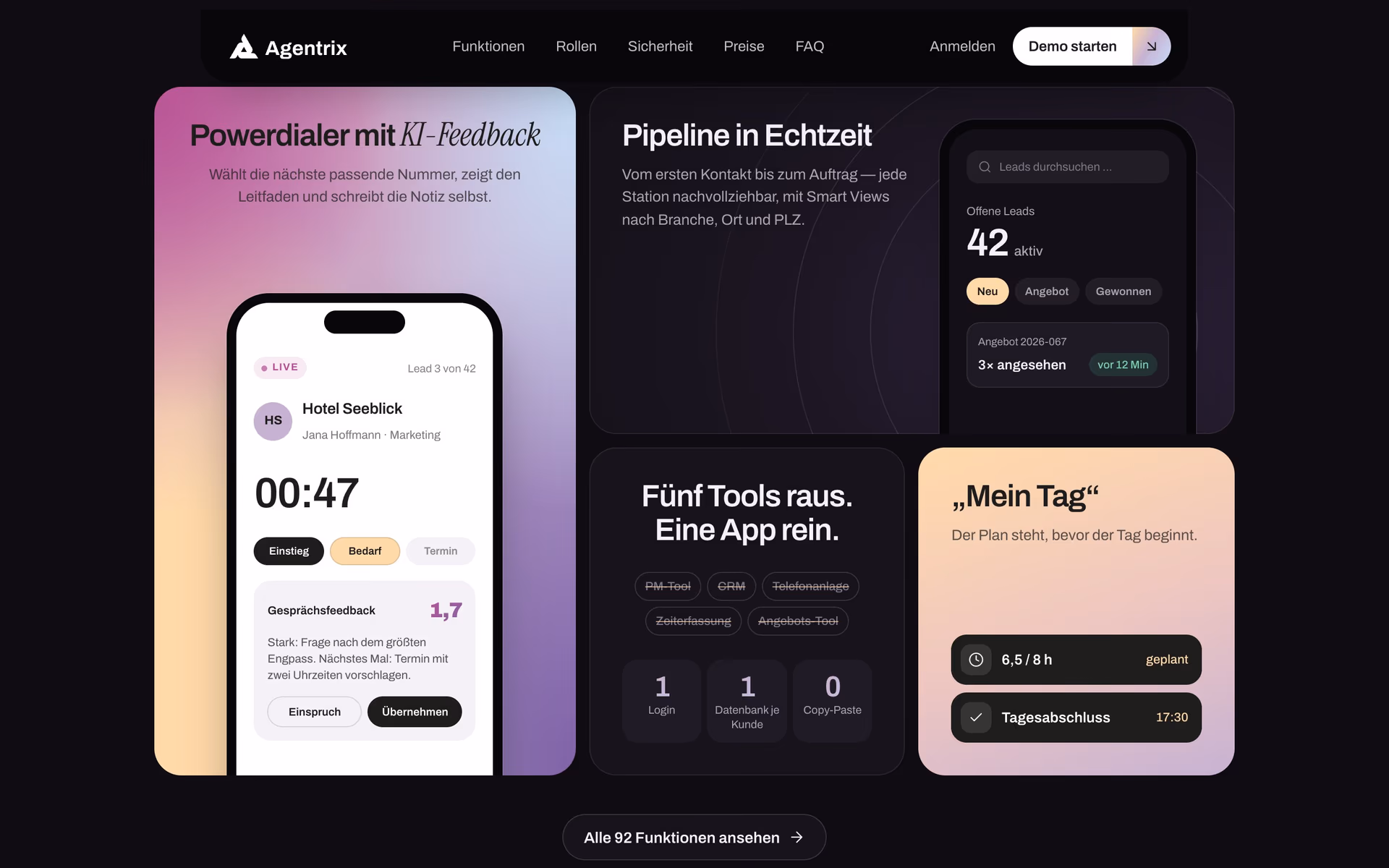 Agentrix website: bento grid with power dialer, live pipeline and daily planner