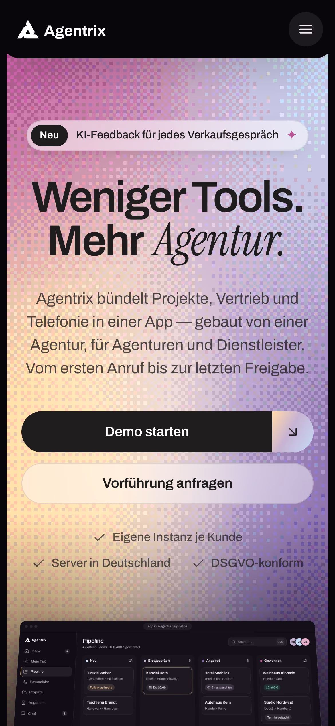Agentrix website on mobile with the claim and the app preview