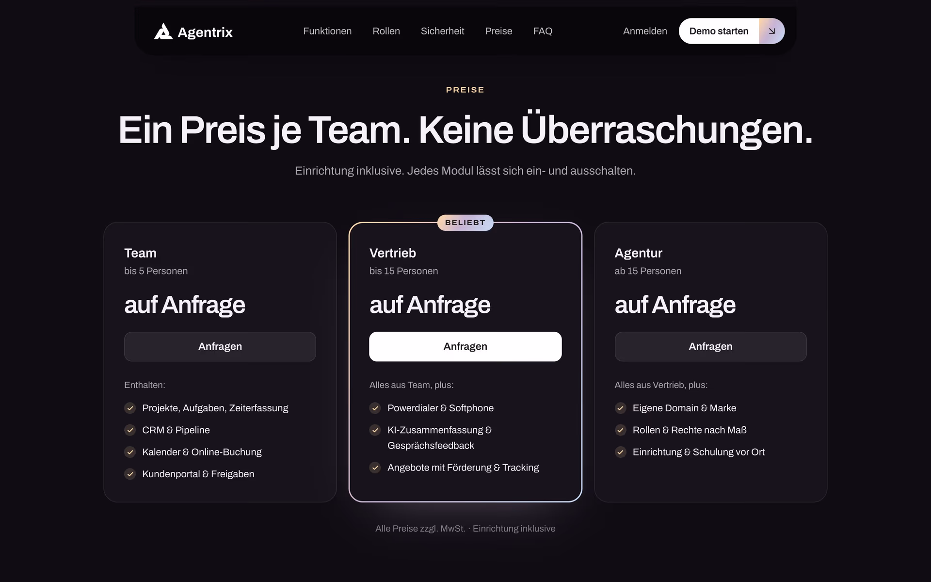 Agentrix pricing section with three plans