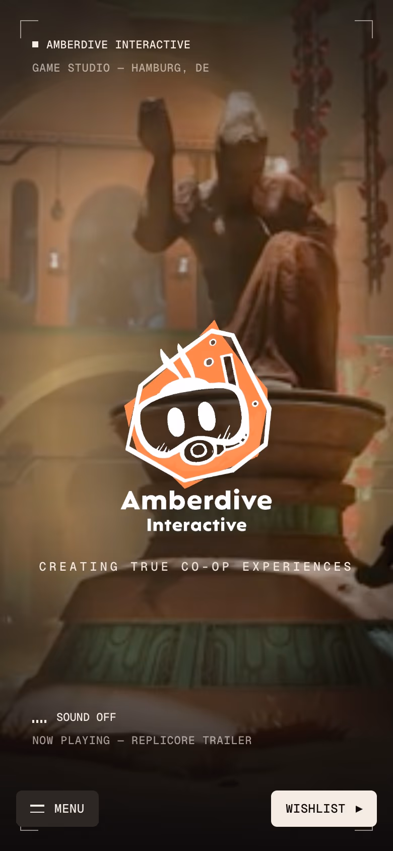Amberdive home page on mobile, the logo docking into the bottom menu