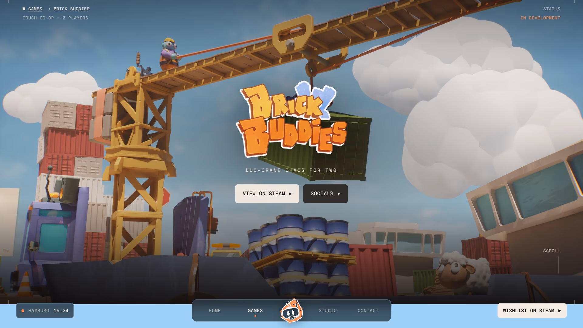 Brick Buddies game page with the colourful game logo over a crane scene