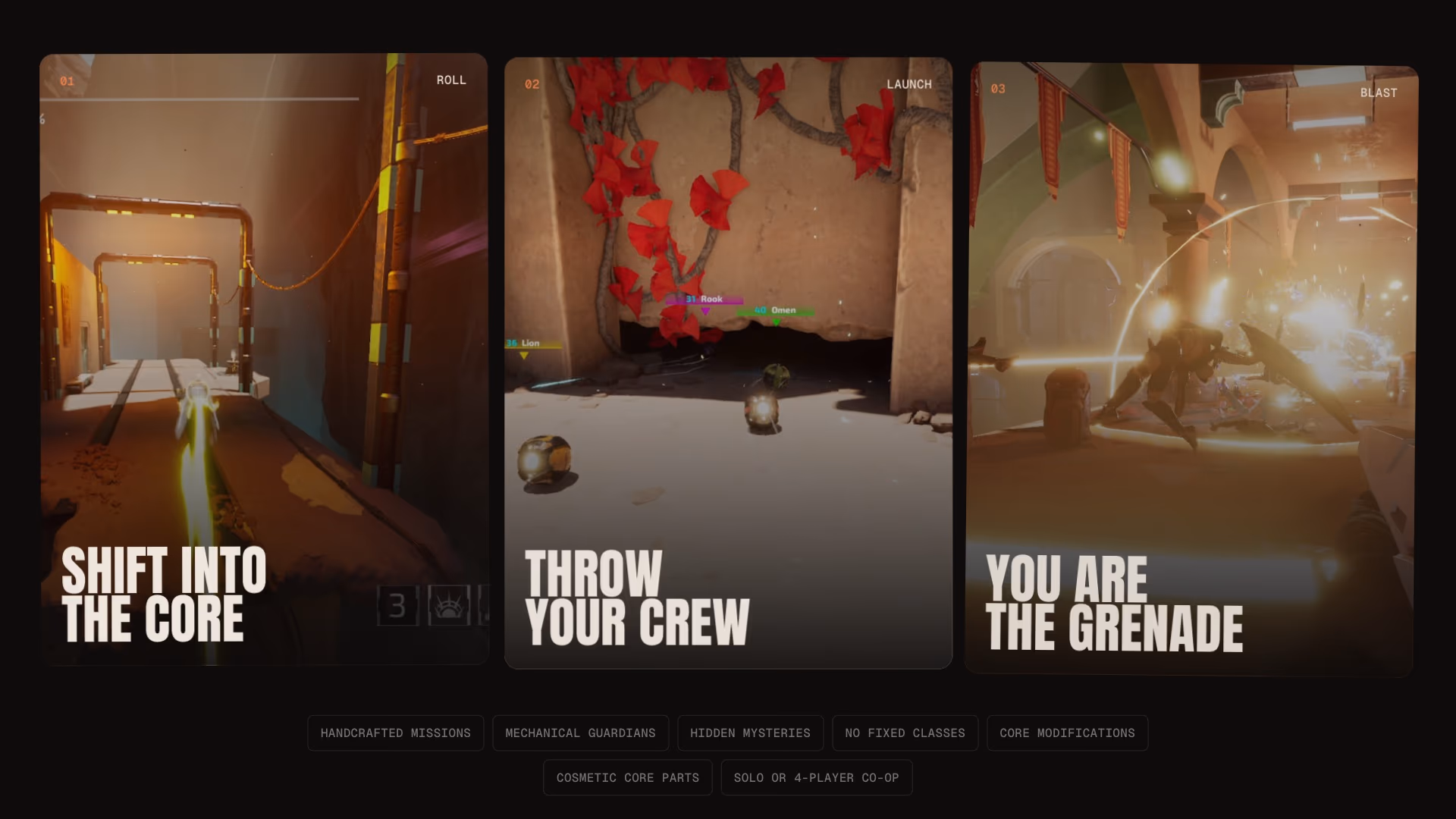 Gameplay section with three cards: Shift into the Core, Throw your crew, You are the grenade