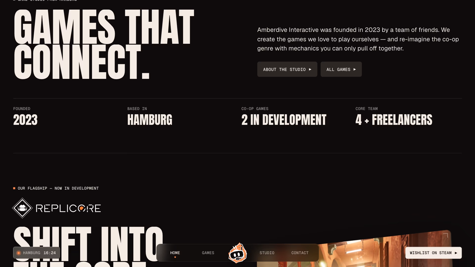 Amberdive home page with “Games that connect.”, studio facts and the logo docked in the bottom menu