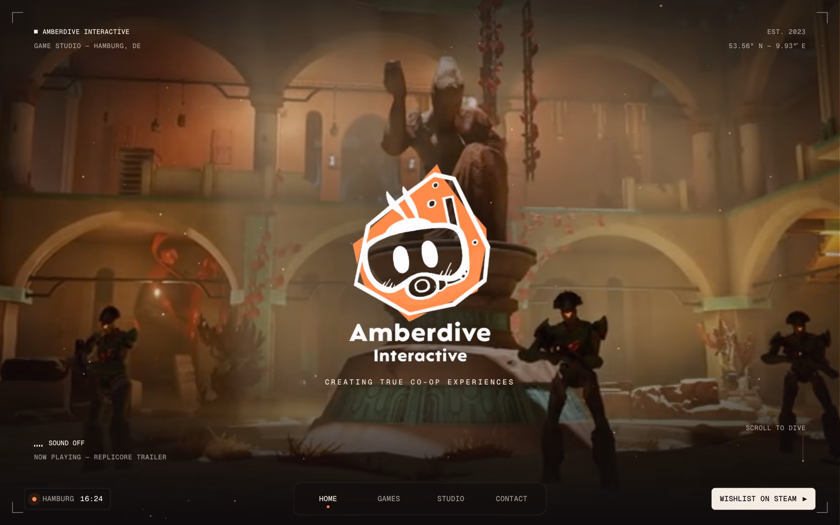 Amberdive home page: the mascot logo centred over the Replicore trailer