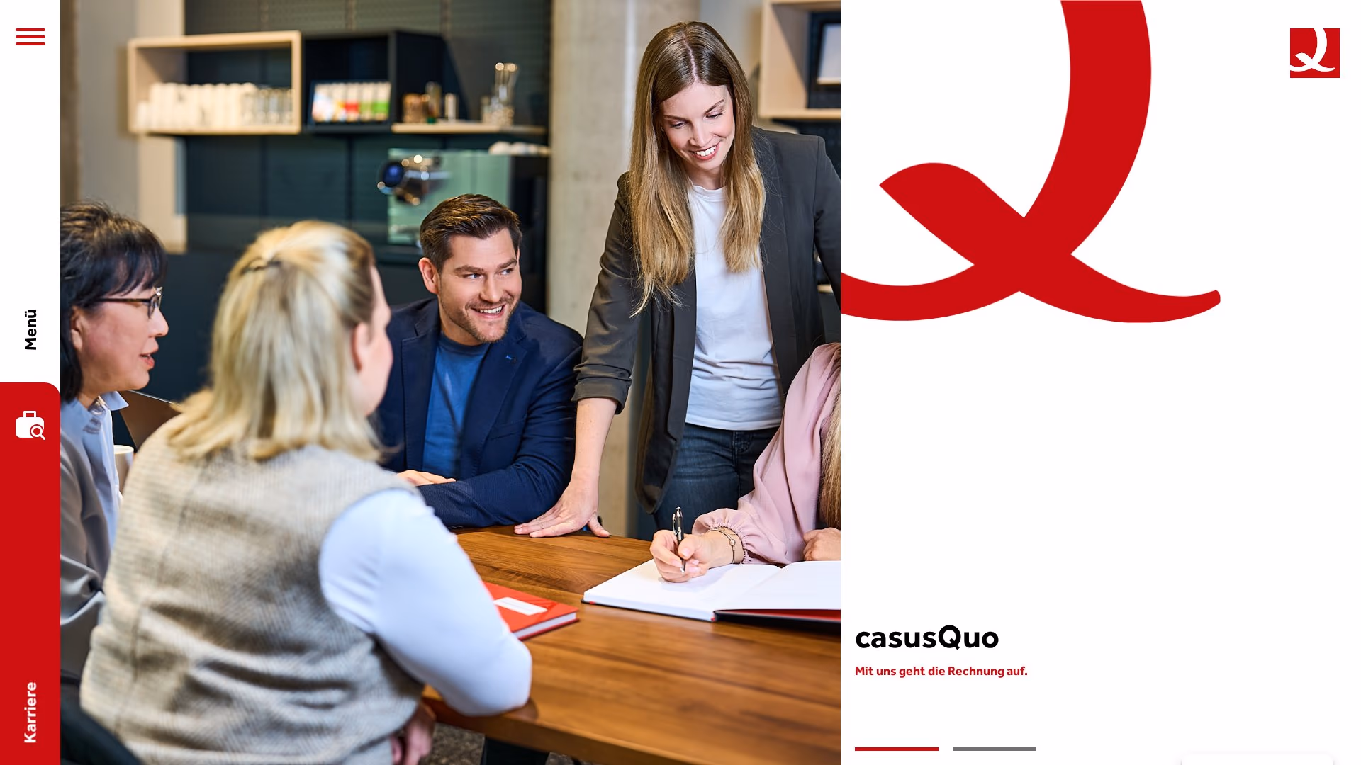 casusQuo homepage with team photo and the red Q