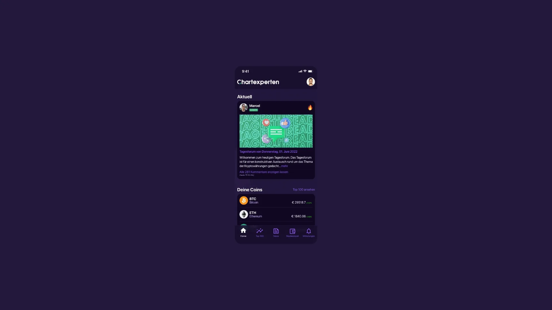 Animated walkthrough of the Chartexperten app screens