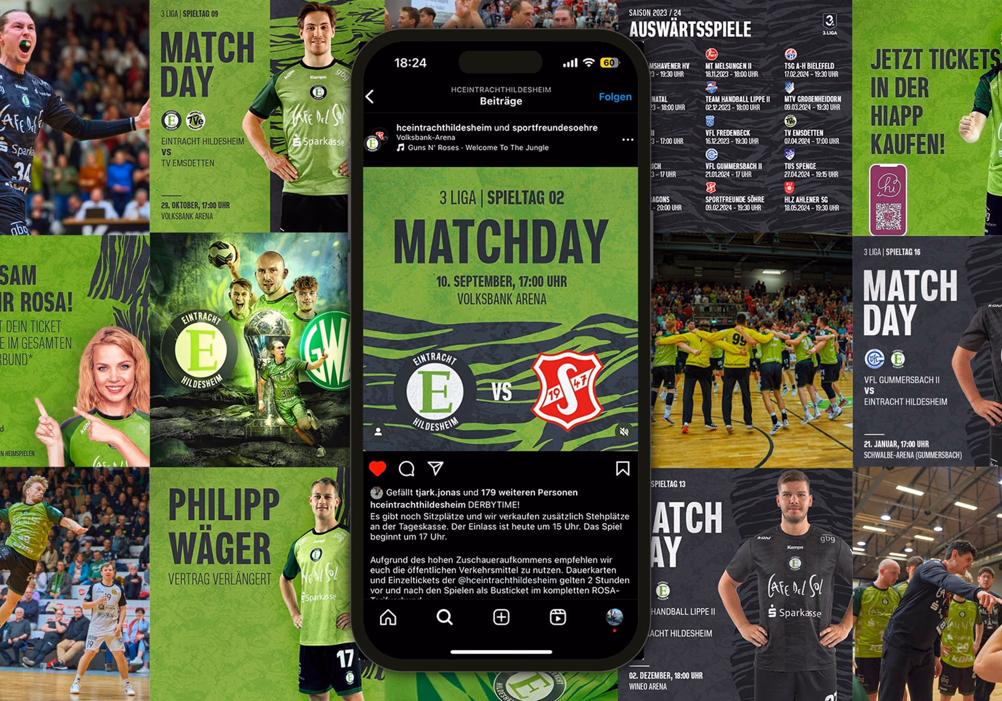 Phone with Eintracht Hildesheim Instagram post surrounded by matchday graphics